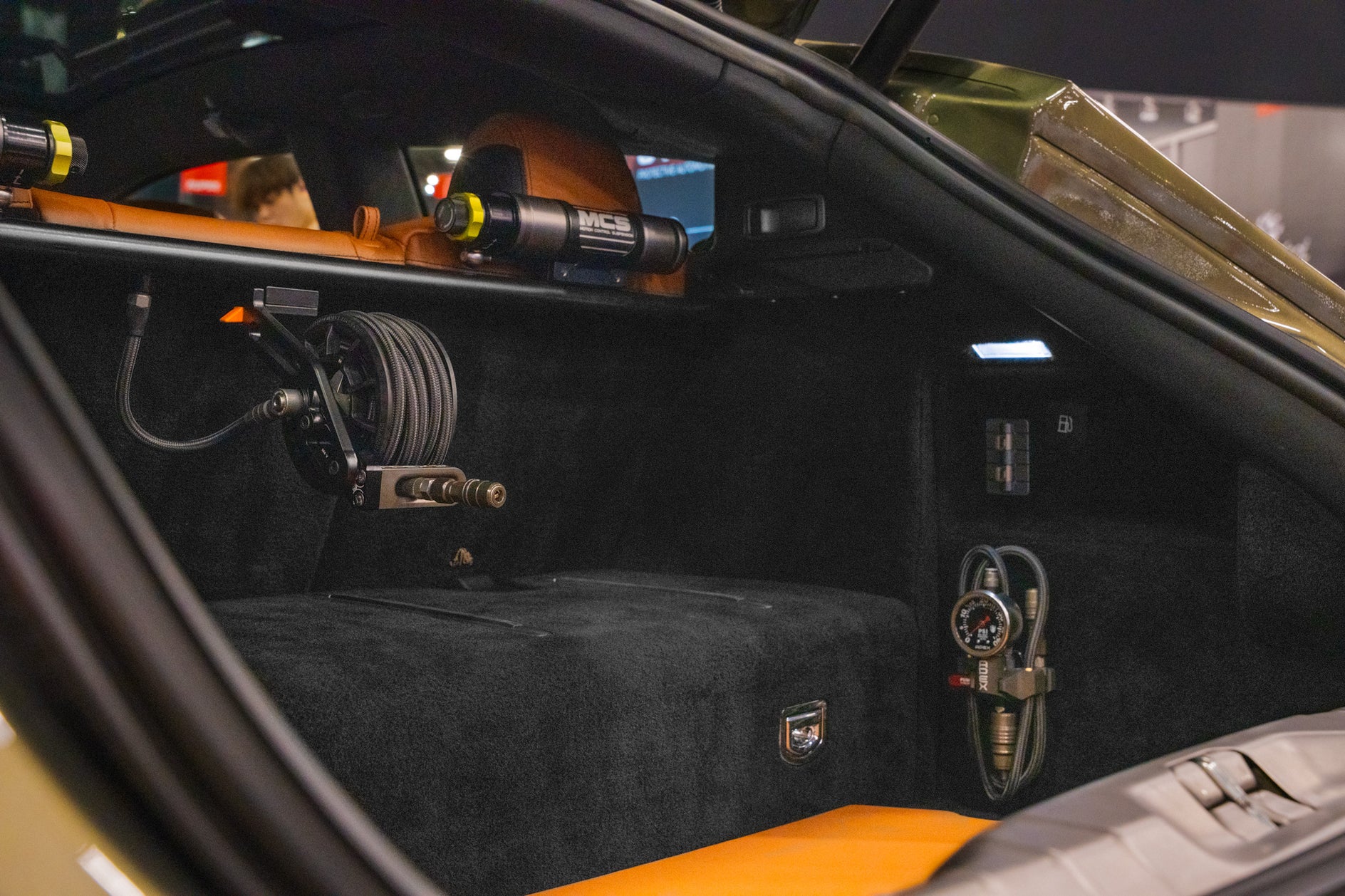 GlasWerks Special Operations Elevato V12 Rally Car trunk with Apex Designs Onboard Air & MCS Reservoir Rear Shocks