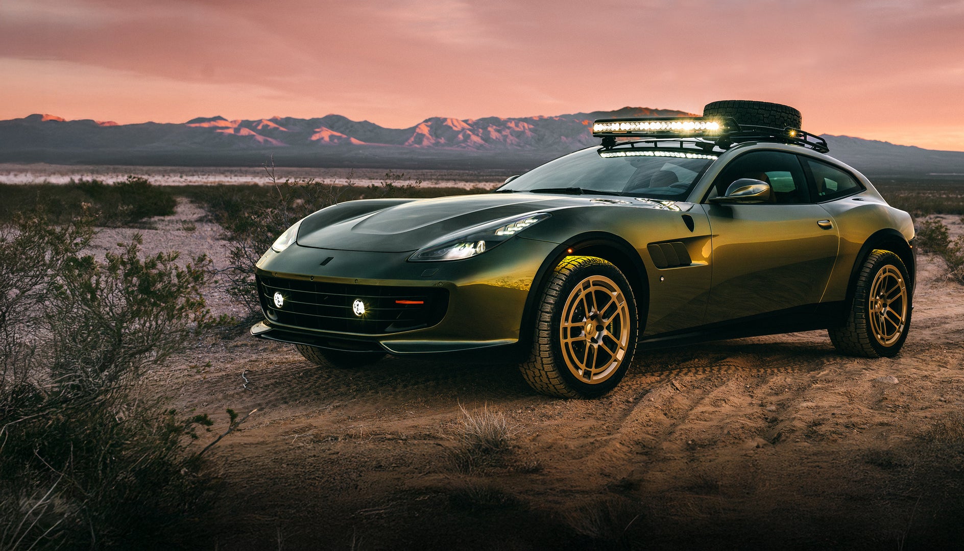 Verde Masoni GlasWerks Special Operations Elevato V12 Rally Car in desert