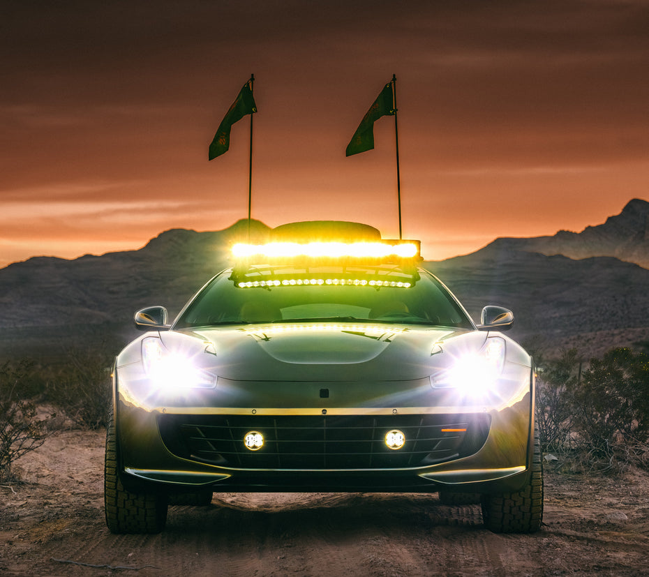 Verde Masoni GlasWerks Special Operations Elevato V12 Rally Car in the desert